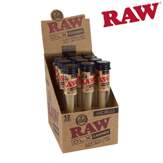 RAW DLX Cannon | Glass-Tipped Pre-Rolled Cones | Size: Fits 2 - 2.5g | 12 Pack Box