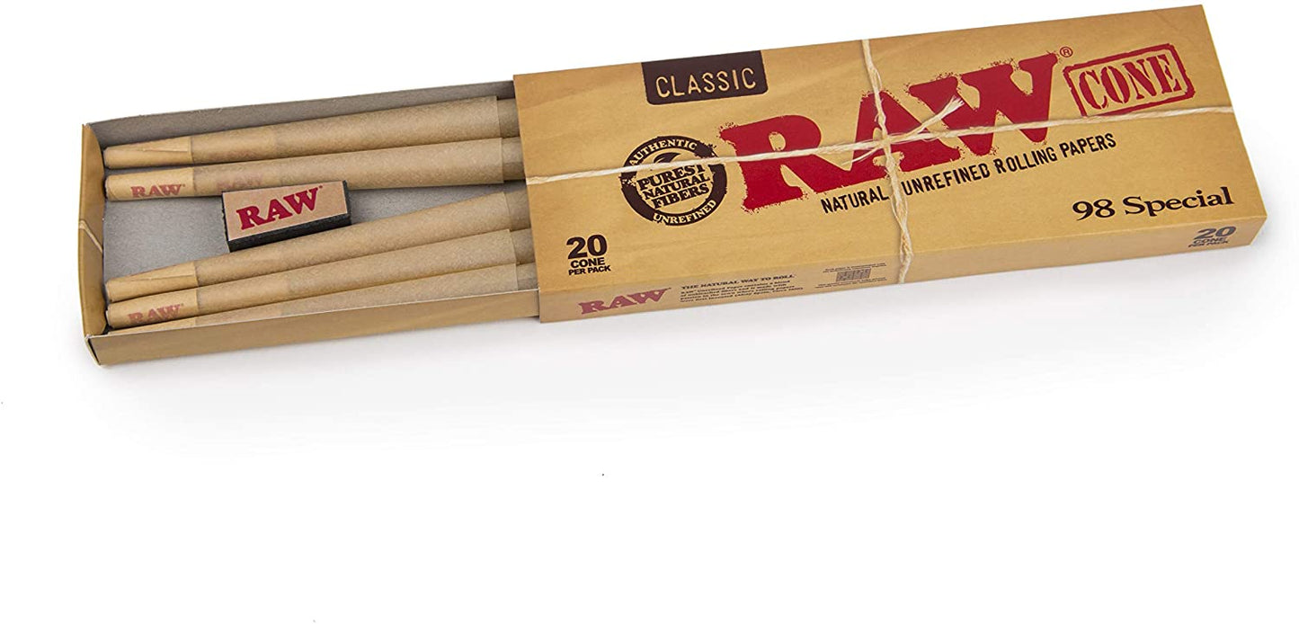 RAW Classic 98 Special Size Pre Rolled Cones | Retail 20 Cone Packs | 12 Pack Box