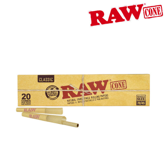 RAW Classic Single Size (70/45) Pre Rolled Cones | Retail 20 Cone Packs | 12 Pack Box